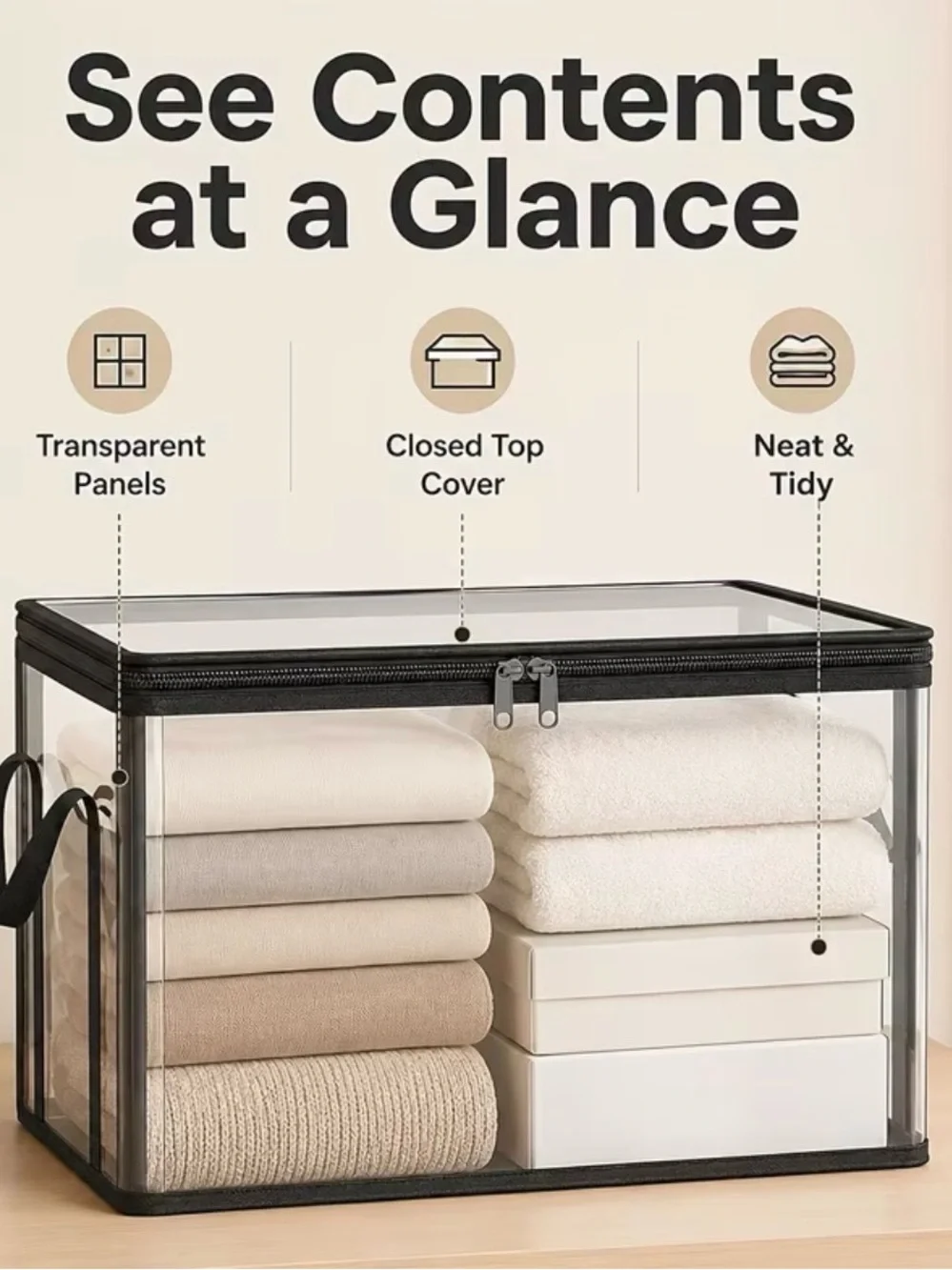 🆕 2pk-Clear Zippered Storage Box with Black Trim - Home Storage & Organization